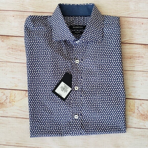 Bugatchi Short Sleeve Button Front Shirt Men's Size Medium Navy Blue Red White - Picture 1 of 15